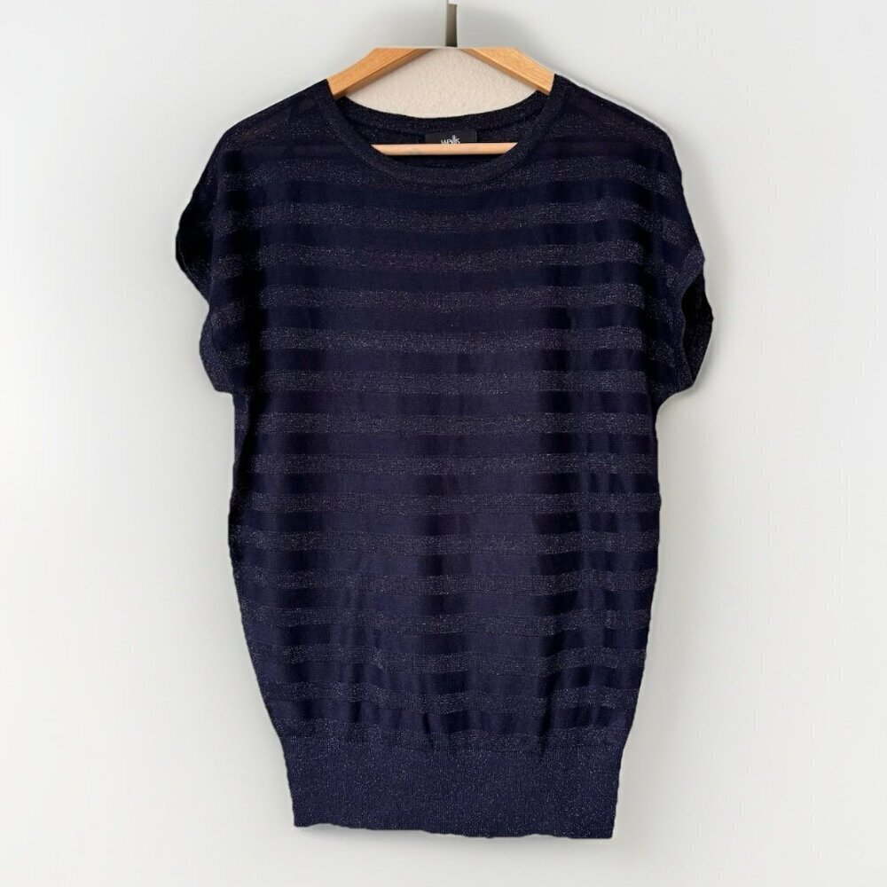 Women's Top Small Wallis Navy Blue Short Sleeve Striped Metallic Knit Oversized